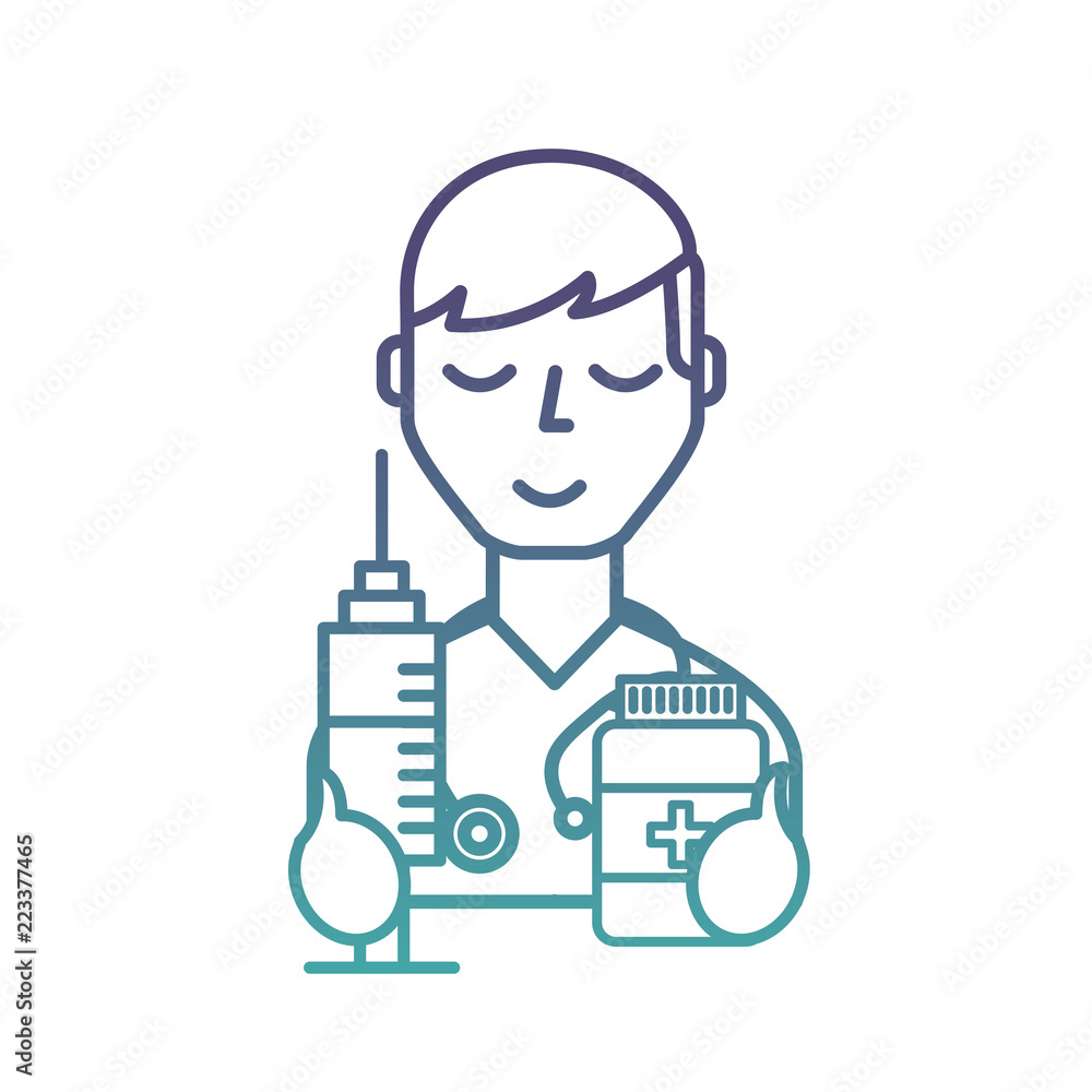 doctor professional character with syringe and bottle pills