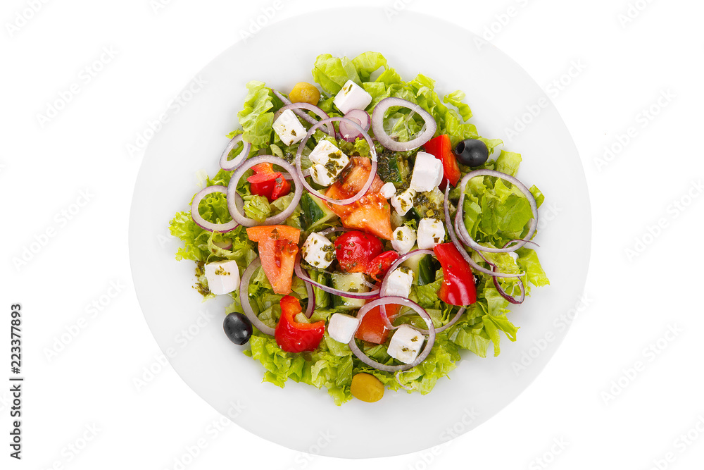 Greek salad with feta, olives, lettuce, red onion, cucumber, tomato, bell pepper, oil on plate, white isolated background, view from above, for the menu, restaurant bar cafe Greek salad with feta, olives, lettuce, red onion, cucumber, tomato, bell pepper, oil on plate, white isolated background, view from above, for the menu, restaurant bar cafe
