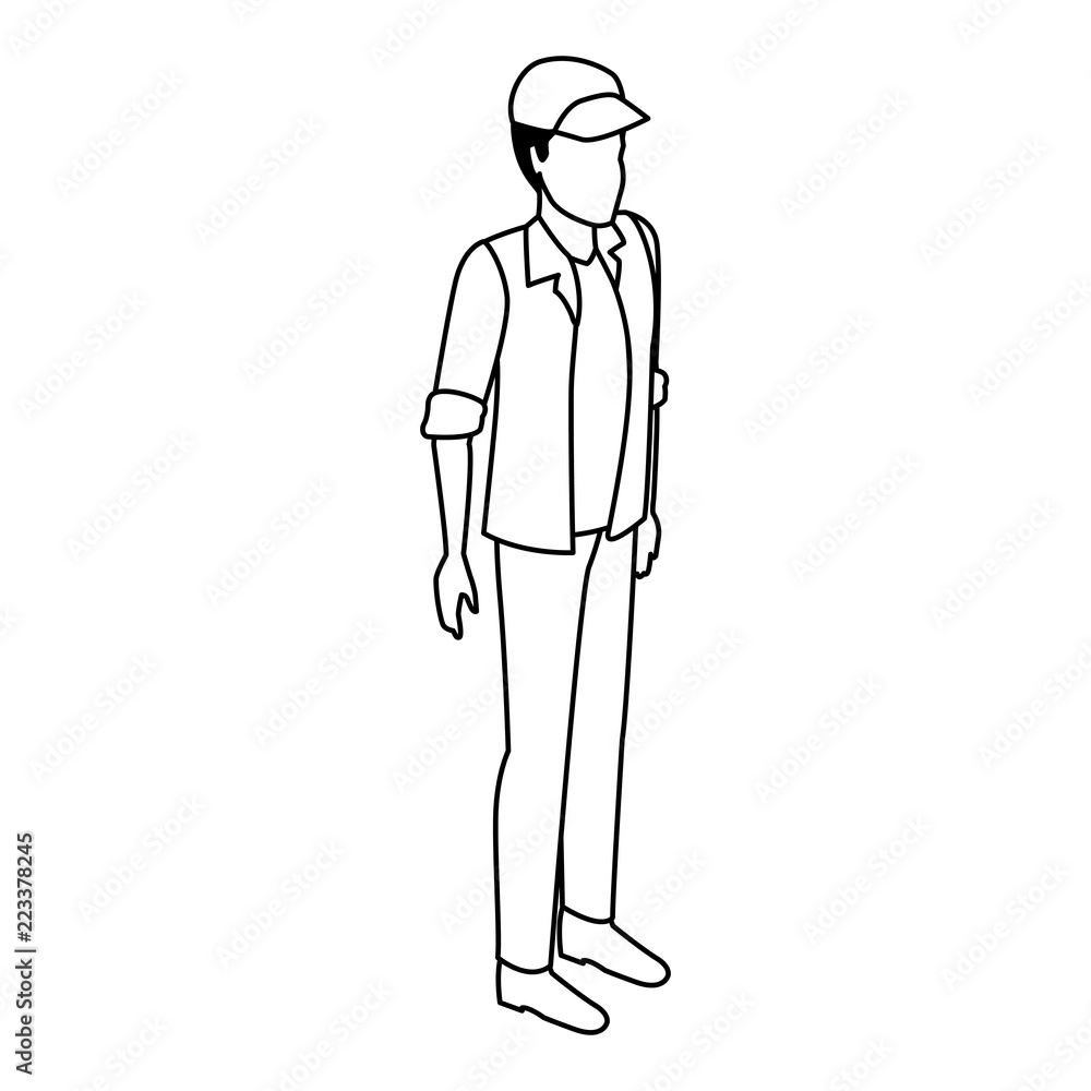 Man with hat avatar isometric in black and white Man with hat avatar isometric in black and white