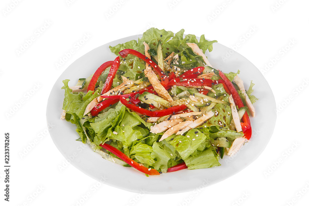 Salad with Bulgarian pepper, meat, ham, chicken, cucumber, lettuce, dill, tomato, zucchini, black sesame on plate, white isolated background Side view. For the menu restaurant bar cafe Salad with Bulgarian pepper, meat, ham, chicken, cucumber, lettuce, dill, tomato, zucchini, black sesame on plate, white isolated background Side view. For the menu restaurant bar cafe