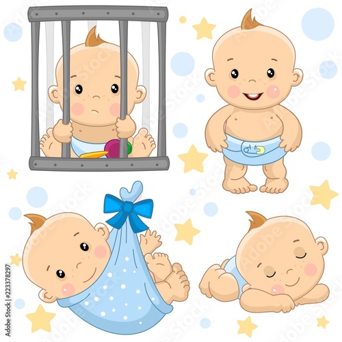A set of drawings with young boys for design, the boy behind the bars is sad, standing and laughing, wrapped in a diaper bag, sleep and resting.