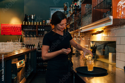 beautiful girl bartender pouring a drink behind the bar 