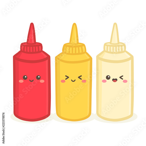 Cute Tomato Ketchup, Mustard, and Mayonnaise Bottle Set Vector Illustration Cartoon Smile
