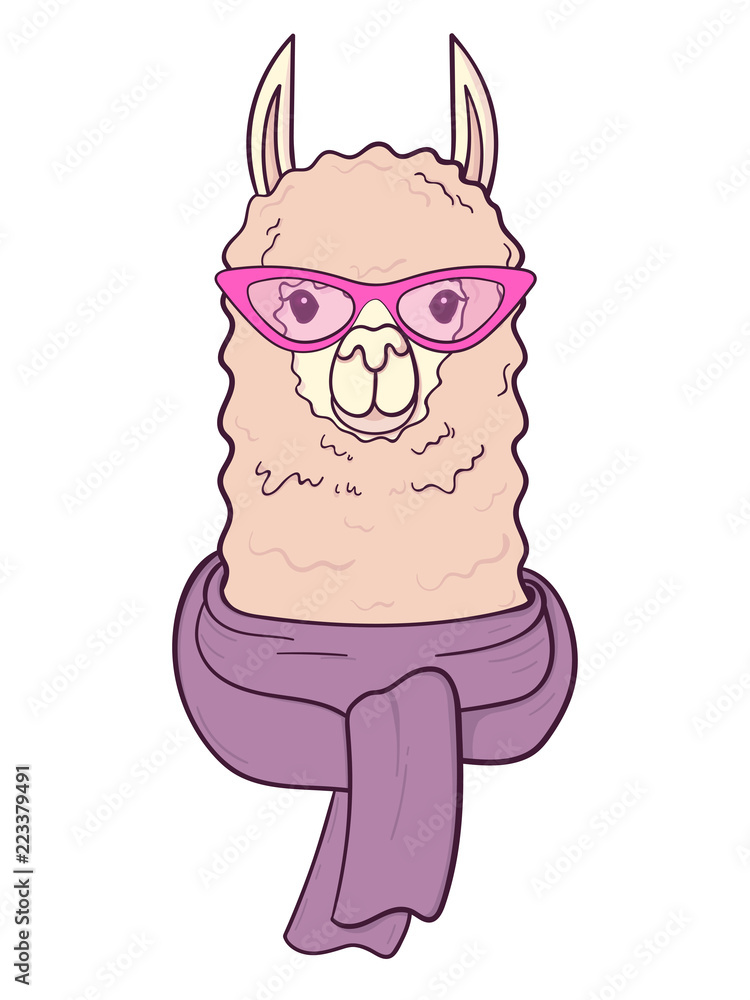 Cute Lama with trendy glasses and scarf. Print for fabric, t-shirt, poster. Vector illustration Cute Lama with trendy glasses and scarf. Print for fabric, t-shirt, poster. Vector illustration