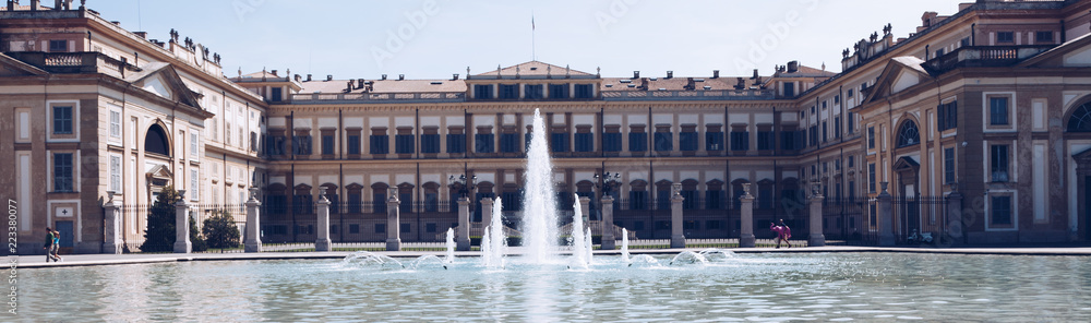 Monza ITALY JULY 2018 Frontal view of the Real palace with fountain.