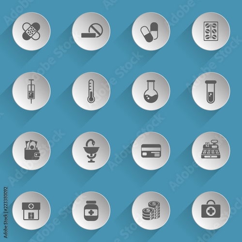 drug store web icons on light paper circles