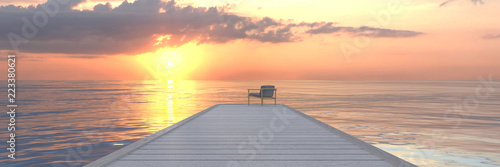 alone chair on wooden pier on the sea with sunset/sunrise - 3d render photo