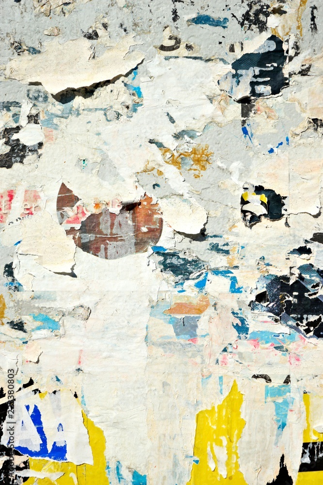 Fototapeta premium Old ripped torn posters grunge texture background creased crumpled paper backdrop surface placard