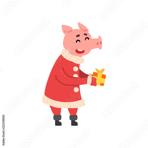 Cute little pig character dressed in Santa costume holding gift box, Chinese symbol of New Year, design element for Christmas card, calendar, invitation vector Illustration