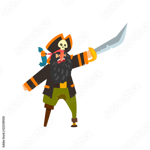 Bearded pirate character with wooden leg pointing with sword vector Illustration on a white background