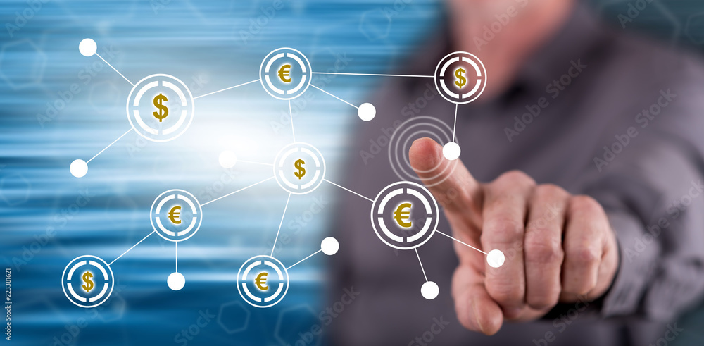 Man touching a financial network Man touching a financial network