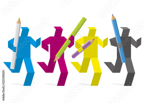 Paper figures colored in print colors, design teamwork concept.
Four running colored figures in CMYK color mode with coloured pencils. Concept for presenting of color printing. Vector available.