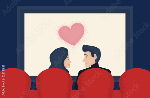 Romantic couple sitting in movie theater half-face smiling to each other. Young man and woman in cinema from back. Atmospheric love vector illustration with textured shadows.