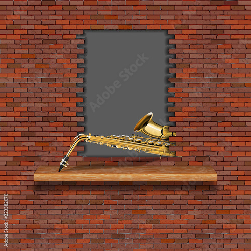 Saxophone, jazz in the failure of the old brick wall. There is an empty space for placing your text or image.