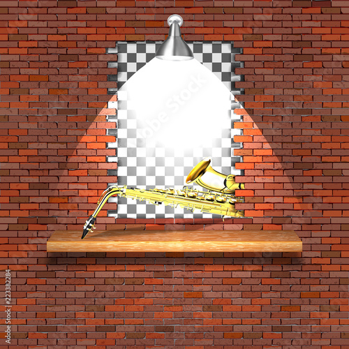 Saxophone, jazz in the failure of the old brick wall. There is an empty space for placing your text or image.