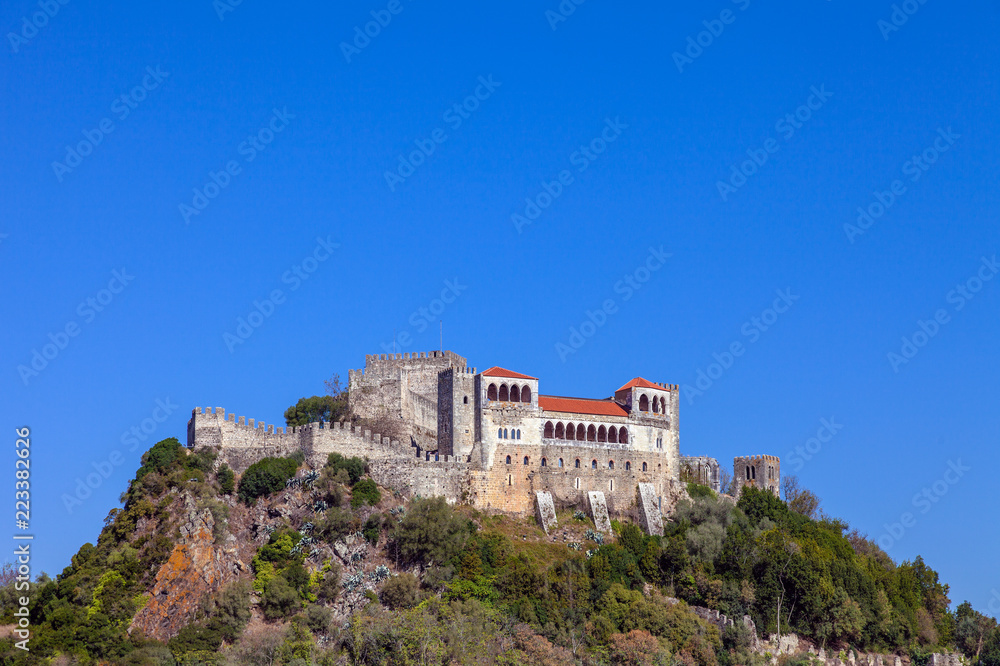 Leiria, Portugal. Medieval Leiria Castle built on top of a hill with a view over the Gothic Palatial Residence or Pacos Novos. A Templar Knights Castle