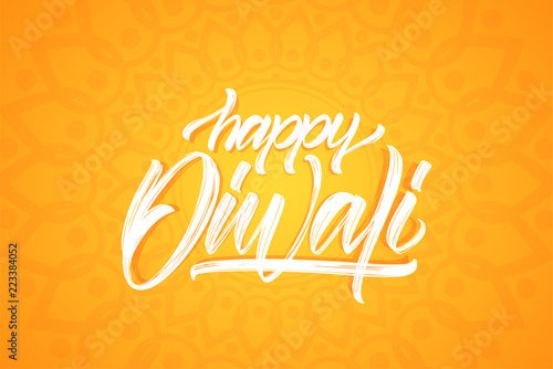 Vector greeting card with Handwritten brush textured type lettering of Happy Diwali on orange indian background.