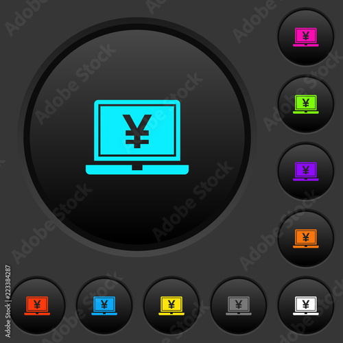 Laptop with yen sign dark push buttons with color icons
