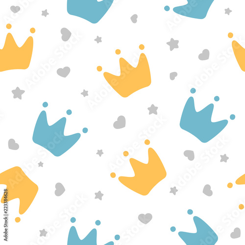 crowns for little prince pattern background, kid's clothing, birthday invitation. Vector illustration.