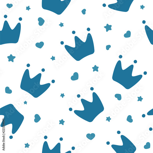 crowns for little prince pattern background, kid's clothing, birthday invitation. Vector illustration.