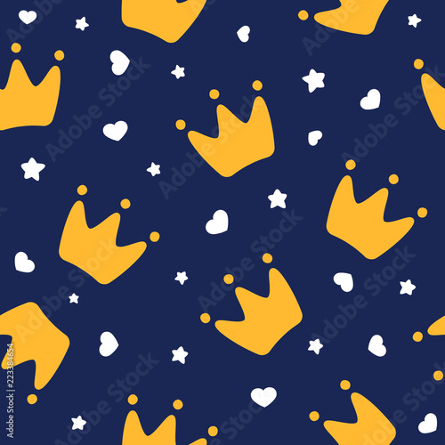 crowns for little prince pattern background, kid's clothing, birthday invitation. Vector illustration.
