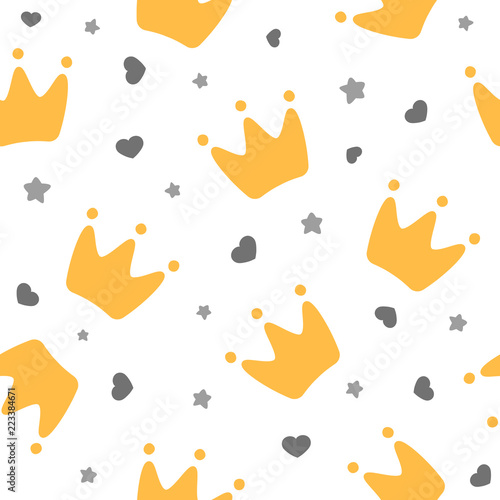 crowns for little prince pattern background, kid's clothing, birthday invitation. Vector illustration.