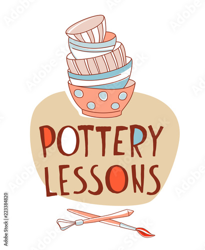 Clay Pottery Lessons Studio. Artisanal Creative Craft logo concept. Handmade traditional pottery making, stack of bowls, cups, dishes and crockery hand drawn vector illustration doodle style