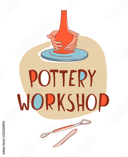 Clay Pottery Workshop Studio. Artisanal Creative Craft logo concept. Handmade traditional pottery making, hands shaping vase spinning wheel red clay hand drawn vector illustration sketch doodle style