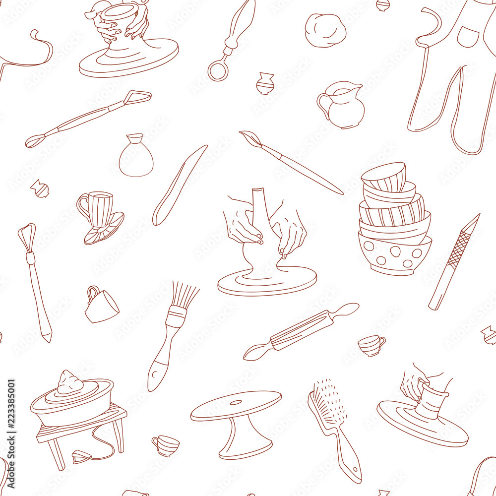 Obraz premium Clay Pottery Studio seamless pattern background. Artisanal Creative Craft concept. Handmade traditional pottery making, hand drawn vector illustration doodle style