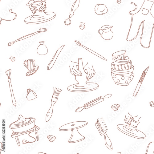 Clay Pottery Studio seamless pattern background. Artisanal Creative Craft concept. Handmade traditional pottery making, hand drawn vector illustration doodle style