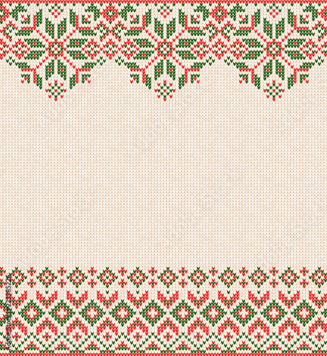 Ugly sweater Merry Christmas and Happy New Year greeting card frame border knitted pattern. Vector illustration knitted background pattern with folk style scandinavian ornaments. White, red, green