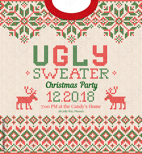 Ugly sweater Christmas party invite. Vector illustration Handmade knitted background pattern with deers and snowflakes, scandinavian ornaments. White, red, green colors. Flat style
