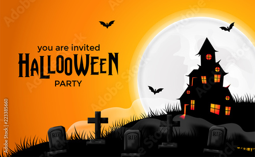 hallowen party invitation with silhouette house at the hill with graveyard at the night with full moon and bat . trick or treat for banner poster label template. vector illustration.