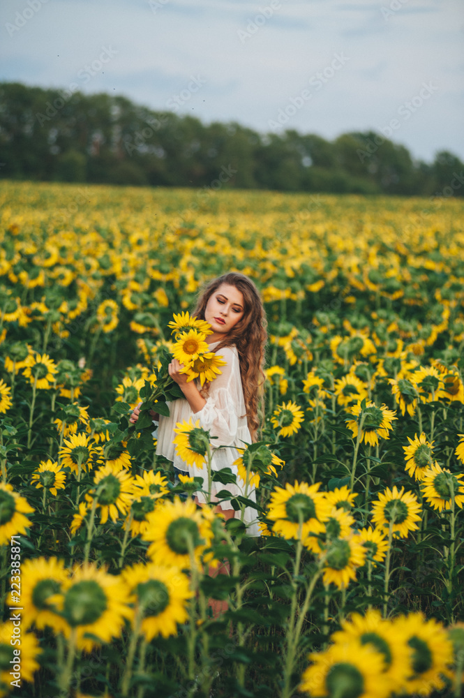 Young beautiful woman in a dress among blooming sunflowers. Agro-culture. Young beautiful woman in a dress among blooming sunflowers. Agro-culture.