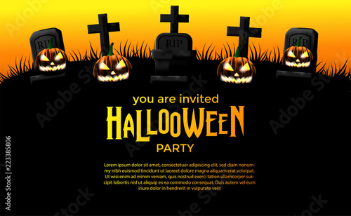 hallowen party invitation with tomb and jack lantern pumpkin . trick or treat for banner poster label template. vector illustration.