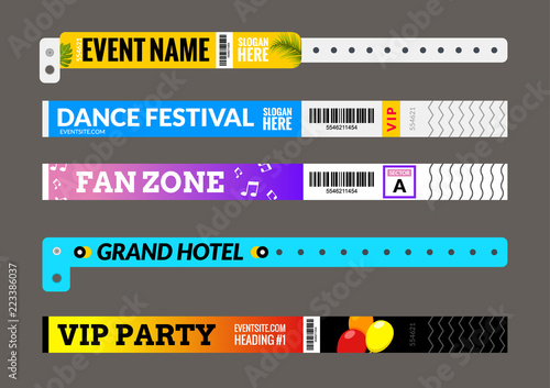 Entrance bracelet at concert event zone festival. Access id template design. Perfoming carnival or dance wristband design entrance