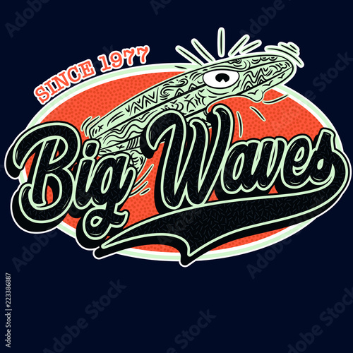 ilustracion de tabla de surf en estilo comic con textos big waves