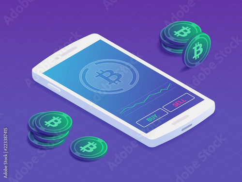 Smartphone with cryptocurrency trading app on the screen showing buying and selling Bitcoin isometric vector illustration