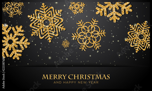 Christmas background with glittering golden snowflake. Vector illustration for banner, card design