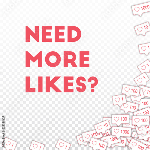 Social media icons. Need more likes concept. Falling pink like counter. Fresh abstract right bottom 