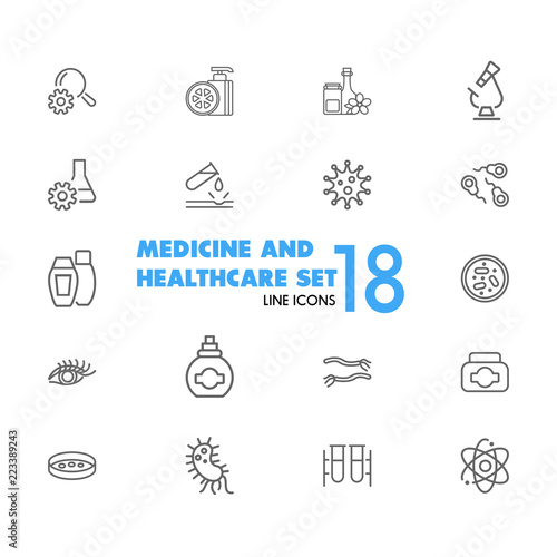Medicine and healthcare icons. Set of  line icons. Bacteria, corrosion, microscope. Science concept. Vector illustration can be used for topics like microbiology, research, pharmaceutics