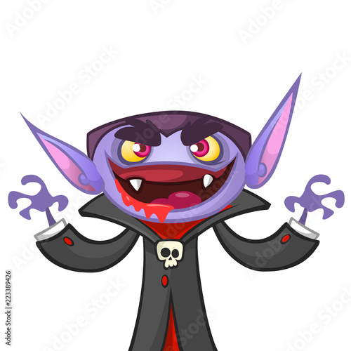 Cute cartoon vampire with red eyes. Vector illustration of dracula