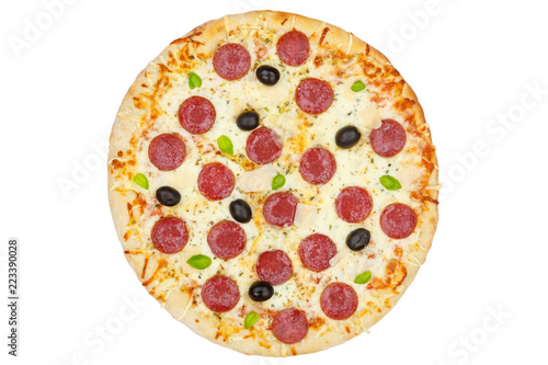 Pizza Pepperoni Peperoni Salami von oben freigestellt Freisteller isoliert
