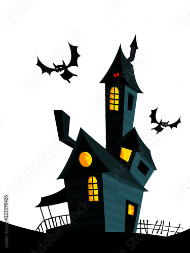 Creepy house on night background with a full moon behind. Vector Halloween background with haunted house and cemetery
