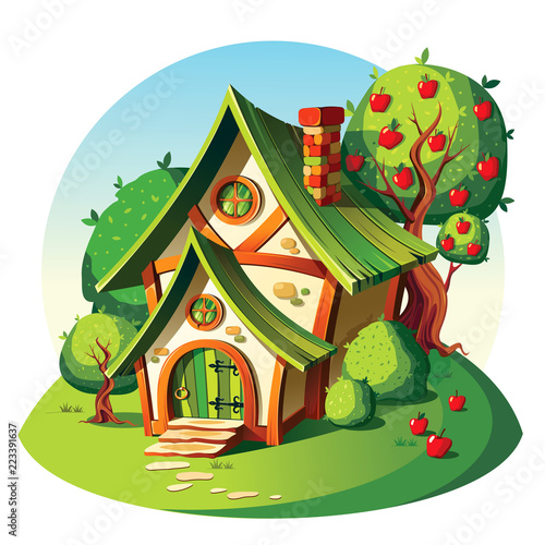 Rustic stone house. Summer  landscape.