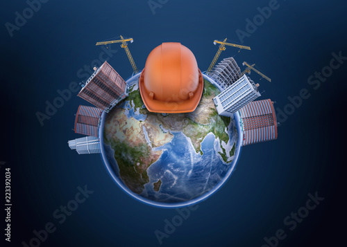 3d rendering of Earth globe with high apartment buildings constructed on it with cranes, and a hard hat in the middle.