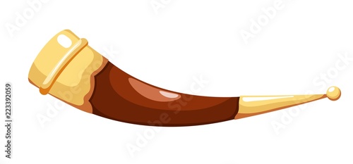 Color image of a traditional Caucasian cup made from a bull's horn in a cardboard style on a white background. Vector illustration of a wine cow horn