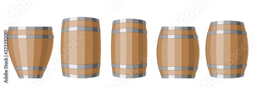 Set of differently shaped wooden barrels with a metal hoop. Vector illustration of containers for liquid products