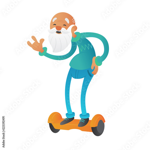 Happy youth bearded grandfather or old man cartoon character holding the  waist and riding on hoverboard or electric self-balancing gyro scooter.  Vector illustration isolated on white background Stock Vector | Adobe Stock