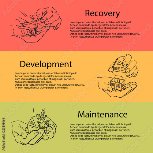 Business concept of Recovery, Development, Maintenance. Hands holding house. Disaster recovery concept. Vector horizontal banners.